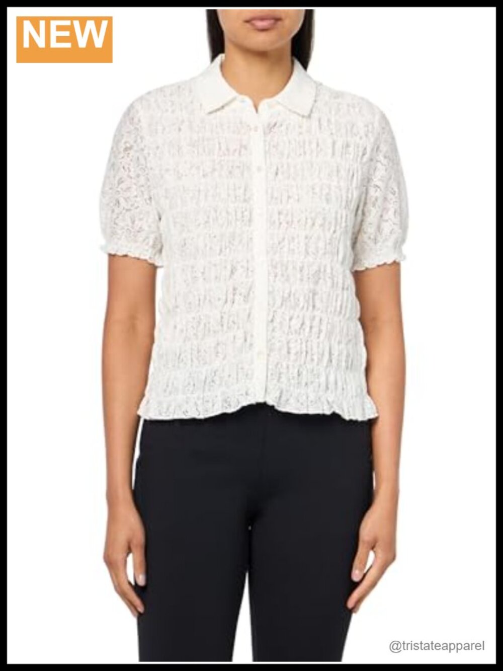 Smocked Lace Button Front Blouse Short Sleeve